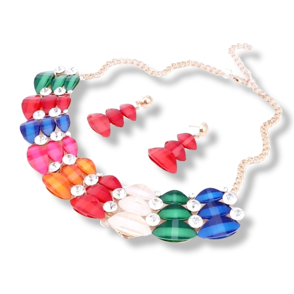 18K gold plated crystal rainbow double stacked necklace earrings set. - Picture 4 of 11